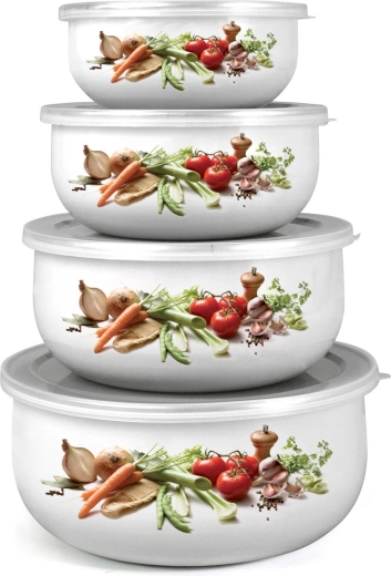 Set of Enamel Bowls with Lids BELLY Vegetables, 8-piece