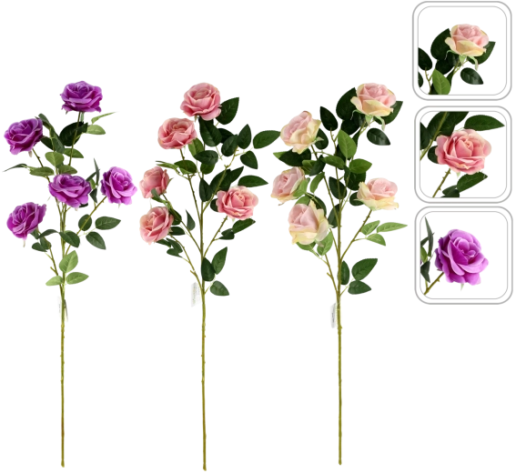Artificial rose branch with five blooms, 92 cm, assorted colors