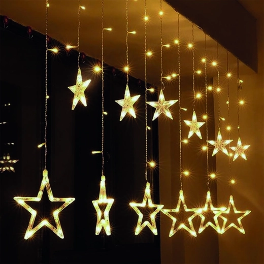 Solight LED-kerstgordijn met sterren 1,8 m, 77 LED's, warm wit, IP20, batterij/USB