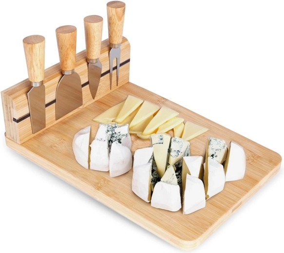 Bamboo Cheese Serving Board with Knives, 5‑Piece Set