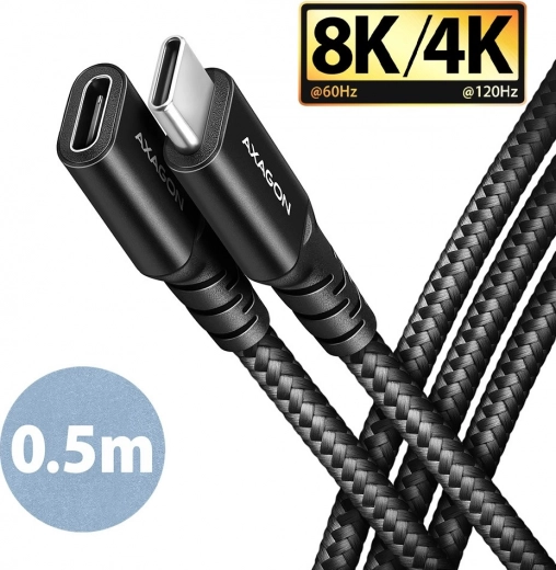 AXAGON USB‑C to USB‑C extension cable 0.5 m, 20 Gbps, 240 W, braided, black