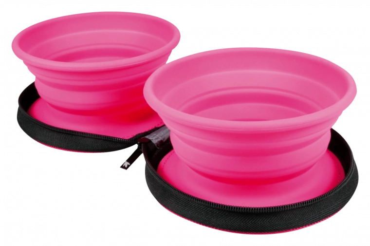 Reis-dubbele voerbak voor huisdieren Kiwi Walker – roze, opvouwbare siliconen 2×350 ml