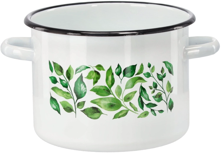 Enamel pot 4.5 l, 20 cm, white with Ficus motif