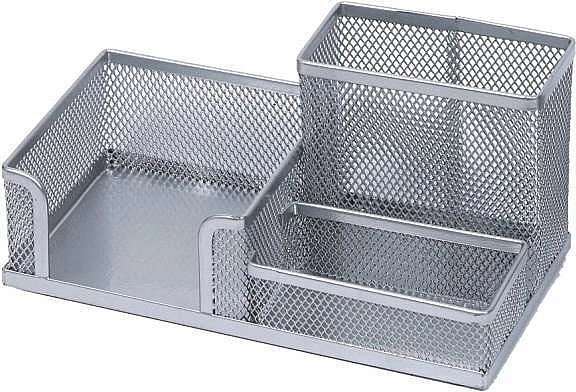 Organisateur de bureau en métal avec porte-crayons et cube de notes, argenté