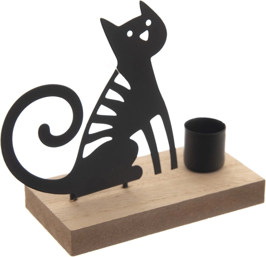 Kandelaar hout en metaal kat bruin-zwart