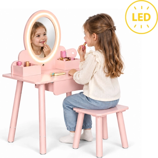 Houten kinderkaptafel ECOTOYS met LED-spiegel, krukje en accessoires
