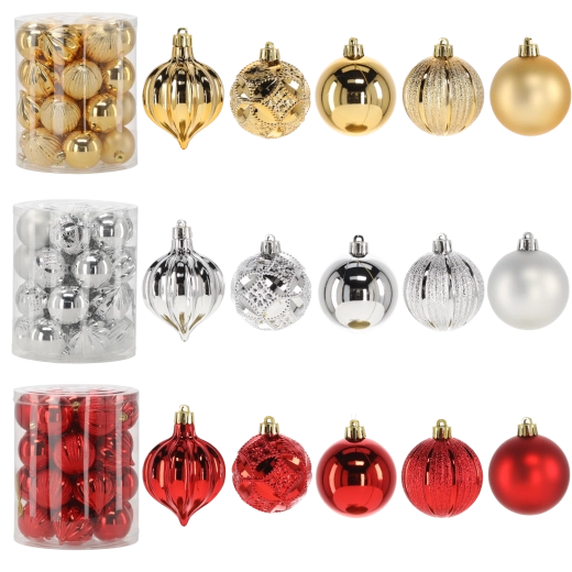 Set van kerstballen 6 cm – rood, goud en zilver (26 stuks)
