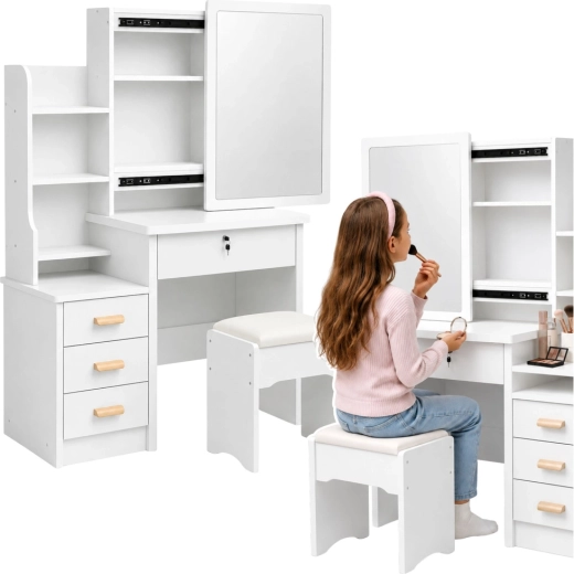 Makeup vanity table with sliding mirror, shelves, drawers and stool, white 131 × 80 × 36 cm