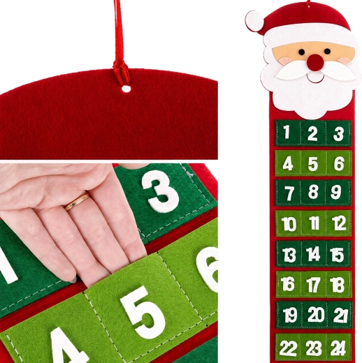 Hanging Felt Advent Calendar Santa Claus with 24 Pockets, 65 cm