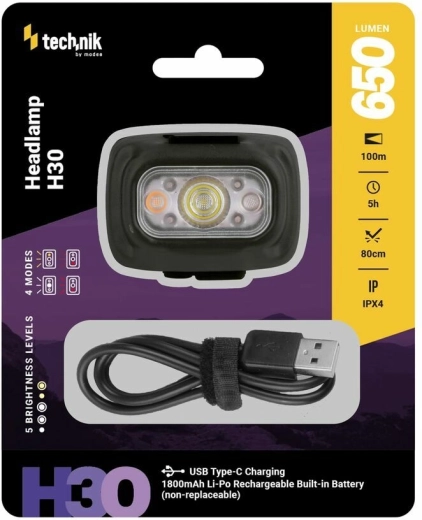 Technik MT-H30 hoofdlamp met USB‑C, 650 lm, witte en rode LED