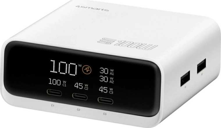 Bureaulader 4smarts GaN 100 W met display, 3× USB‑C + 2× USB‑A, wit