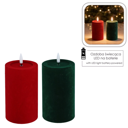 Bougie LED en velours avec flamme vacillante rouge/verte 7,5 × 15,5 cm - 1 pièce