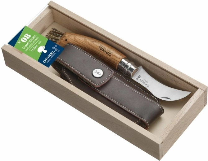 Opinel N°08 Inox paddenstoelenzakmes, eik, leren etui, geschenkdoos