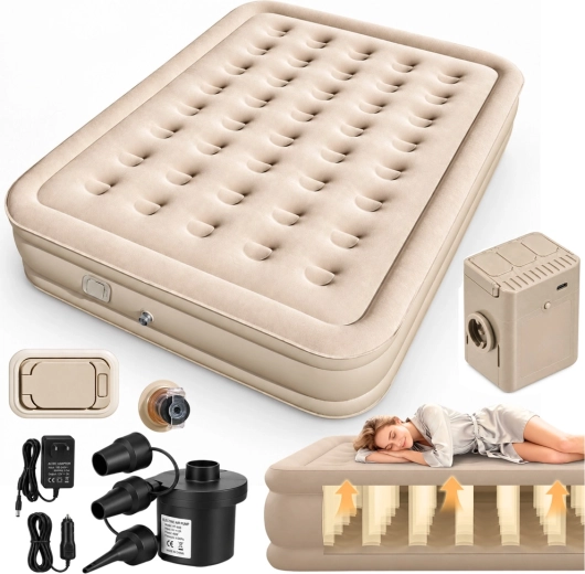 Aufblasbare Doppelmatratze mit elektrischer Pumpe und Kissen, beige, 198 × 152 cm