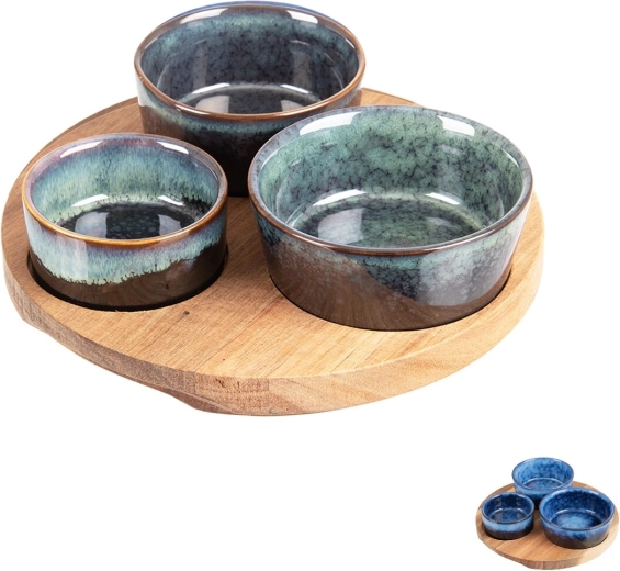 Servierset aus Keramikschälchen auf Akazienholz-Tablett