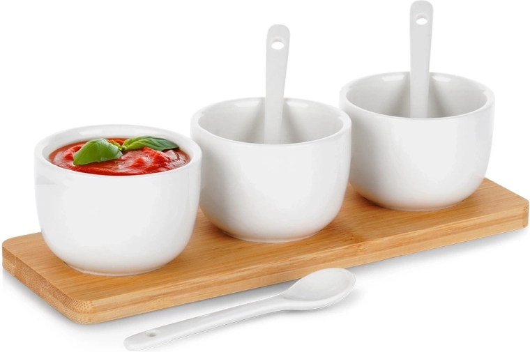 Set de petits bols en céramique avec cuillères sur plateau en bambou 90 ml, 7 pièces