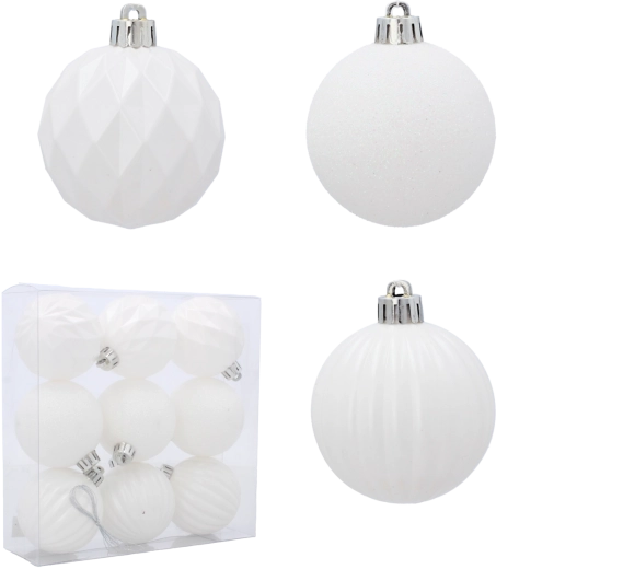 Set de 9 boules de Noël blanches 6 cm – mates, brillantes et pailletées