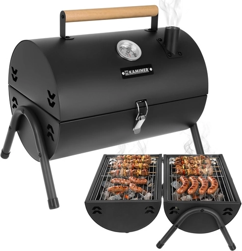 Tragbarer Garten-Holzkohlegrill mit Deckel und Thermometer KAMINER