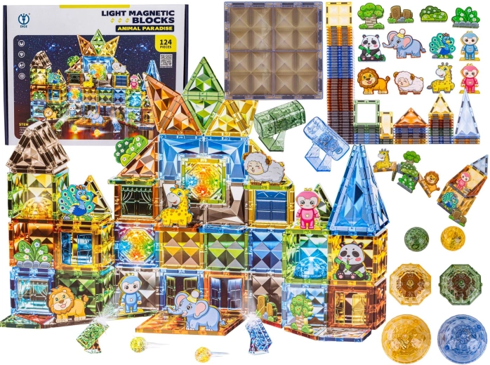 Blocs de construction magnétiques avec éléments lumineux et animaux – 124 pièces