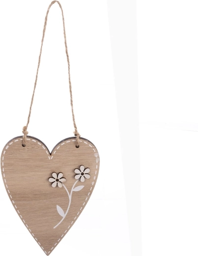 Hangende houten decoratie hart met bloem beige 13 cm
