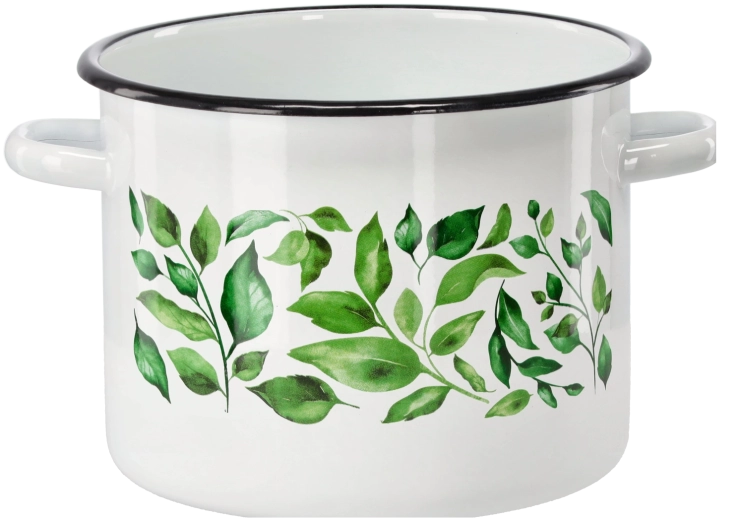 Enamel pot 5.5 l 22 cm white with Ficus motif
