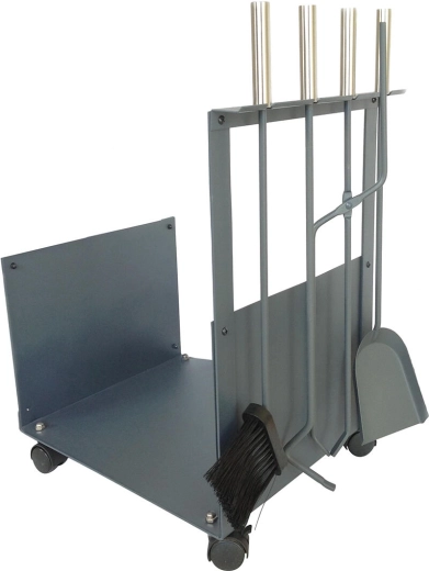 Kaminholzkorb mit Werkzeug 62 cm – Stahl und Holz, grau, Set aus 4 Teilen