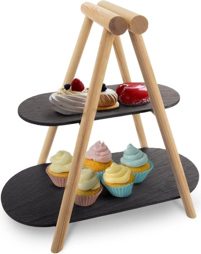 Twee-laags serveerschaal van leisteen en hout 41 × 24 × 38,5 cm