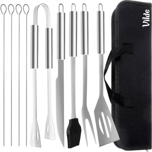 Set d’ustensiles de barbecue en acier inoxydable avec étui, 10 pièces
