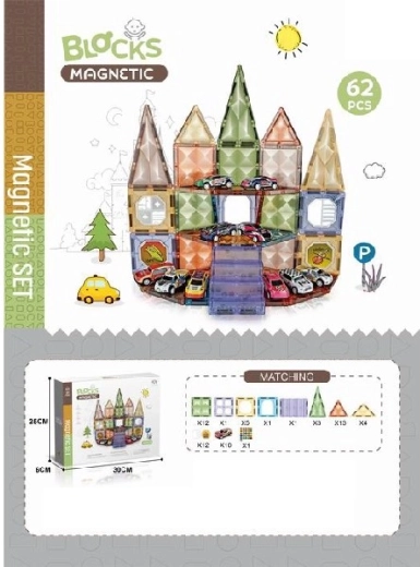 Magnetic building set with toy cars, 62 pcs