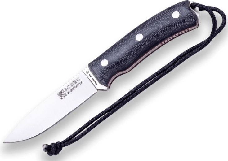 Joker CM120-P Bushcrafter outdoor knife 10.5 cm, black Micarta, leather sheath and fire starter