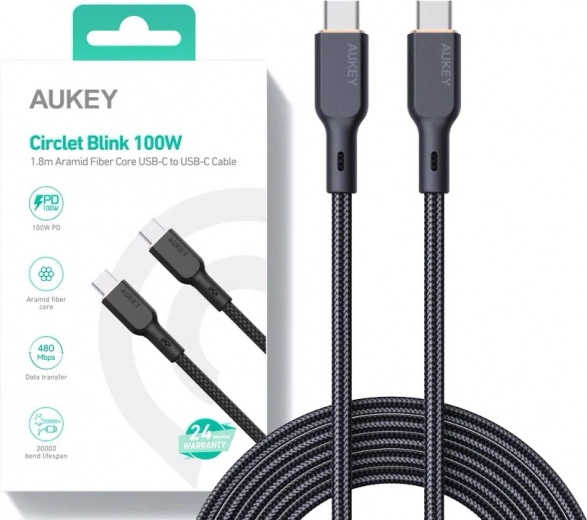 Black USB-C to USB-C Cable 1.8 m with 100W Power from Aukey
