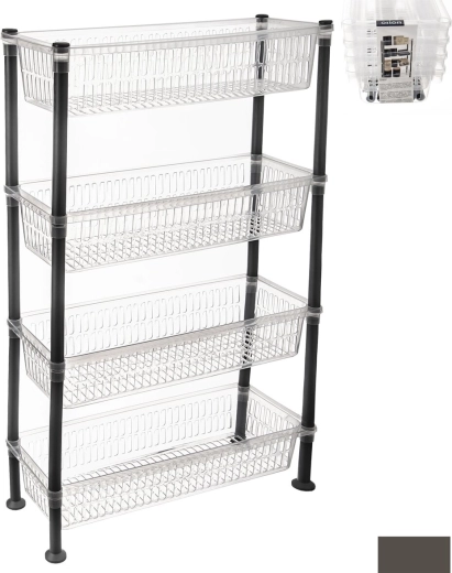 Étagère de rangement slim en plastique, 4 niveaux, transparente