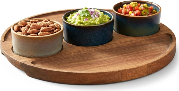 Ceramic snack bowls on a wooden tray, 4-piece set