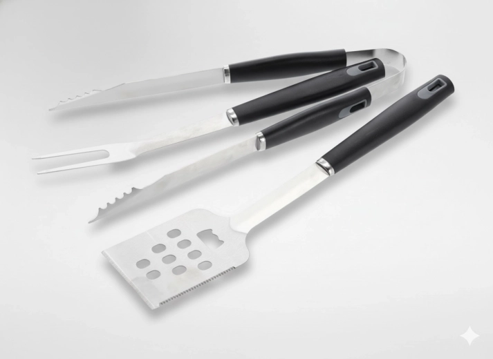 Set of 3 BBQ tools with wooden handle – spatula, tongs and fork