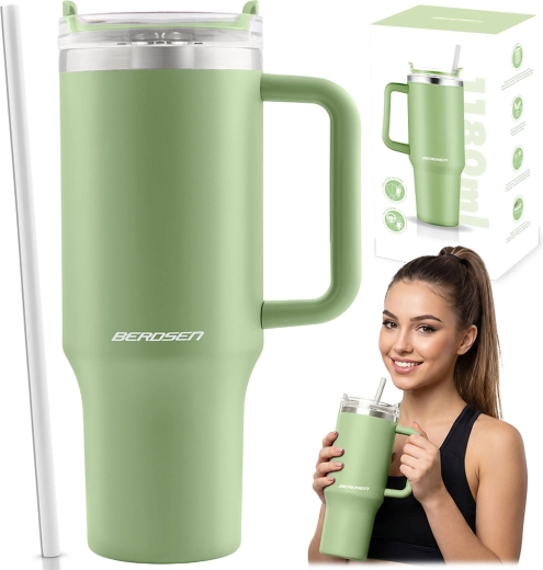 Berdsen Vakuum-Thermobecher mit Strohhalm 1180 ml grün