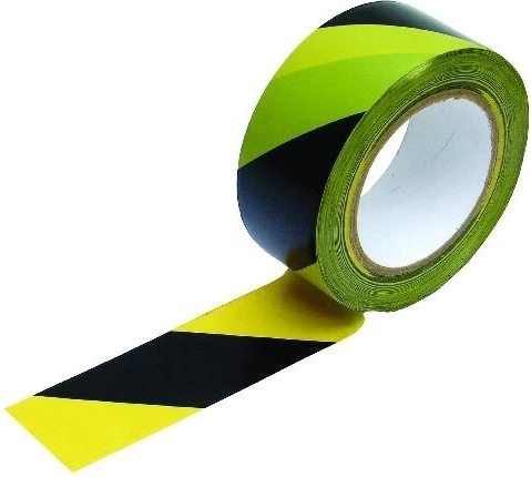 Zelfklevende waarschuwingsband geel-zwart, schuine strepen links 48 mm × 33 m