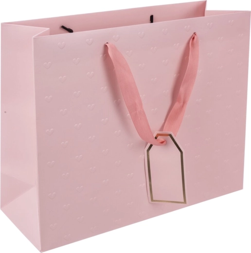 Roze papieren cadeautas met reliëfhartjes 31 × 12 × 26 cm