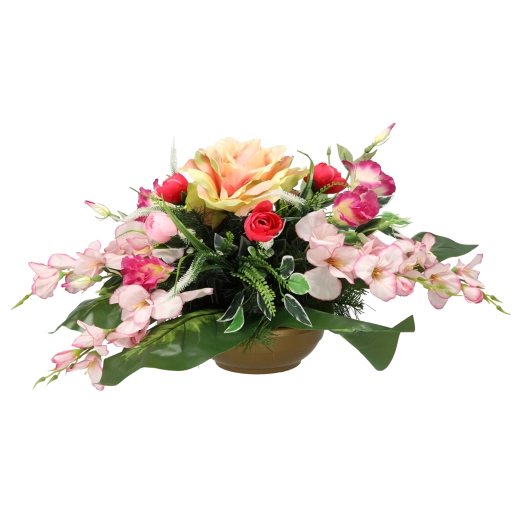 Dekoratives Blumenarrangement in einer Schale mit Rose (Gesteck Nr. 4) – 1 Stück