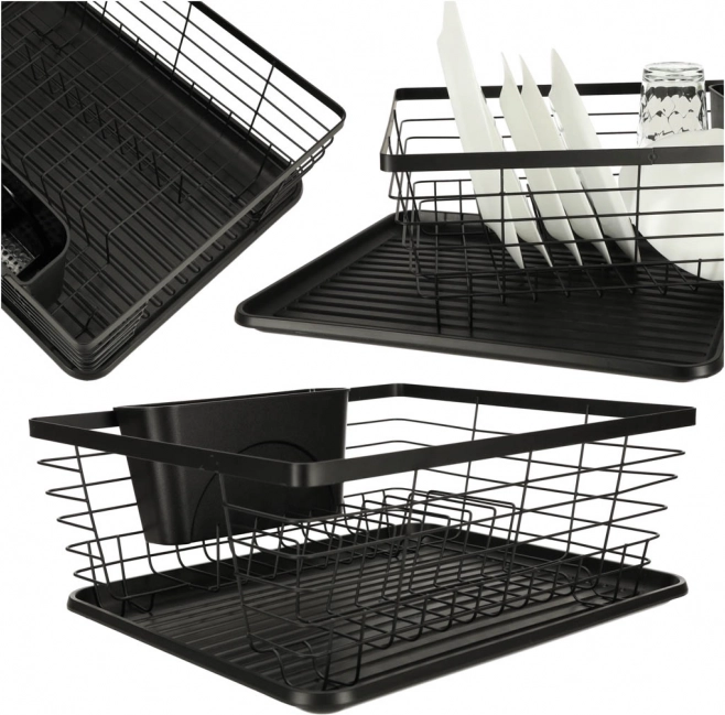 Dish rack with cutlery holder and drip tray – black