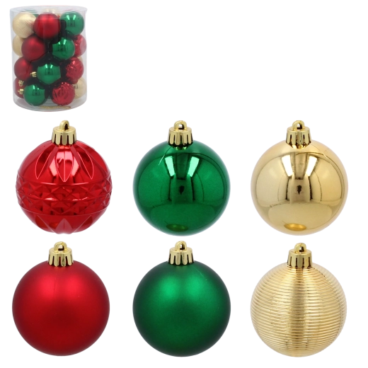 Set kerstballen 6 cm – 26 stuks, groen, goud en rood, onbreekbare kunststof ballen