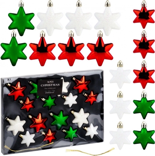 Onbreekbare kerststerren rood, groen en wit 16 stuks (6 en 5 cm)