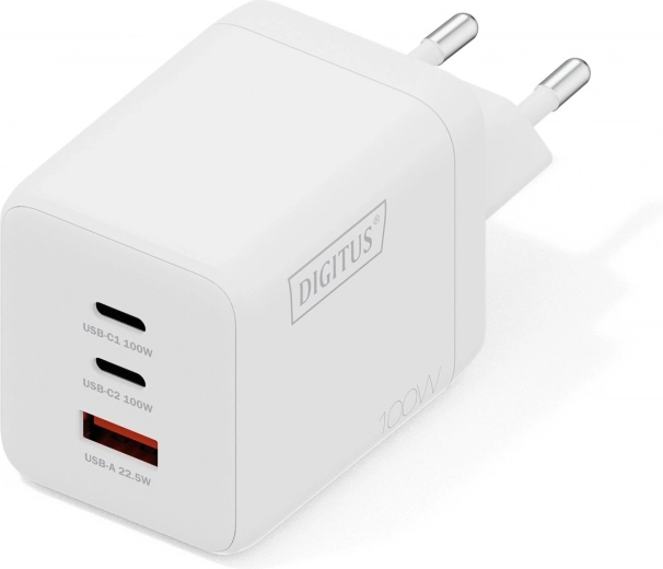 GaN II 100 W Mains Charger with 2× USB-C and USB-A, White