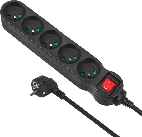 Maclean Energy power strip with 5 sockets and switch, 1.4 m, black