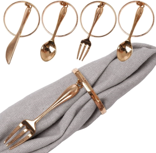 Metalen gouden servetringen met hangende bestekjes, 4 cm, set van 4 stuks
