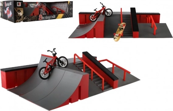 Vinger-skateparkset met ramps, BMX-fiets en skateboard