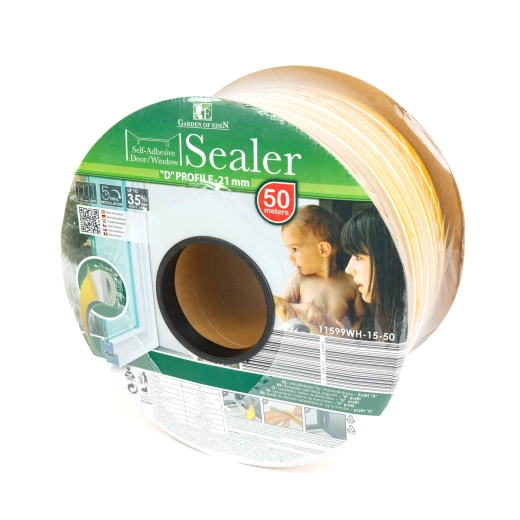 Self-adhesive insulating sealing tape for doors and windows, D profile, 50 m