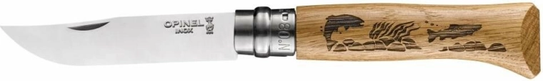 Opinel N°08 Inox Animalia zakmes met vissendesign, eikenhout, 8,5 cm