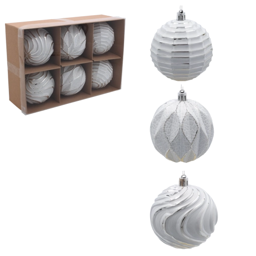 Set kerstballen 8 cm wit‑zilver, 6 stuks, onbreekbaar