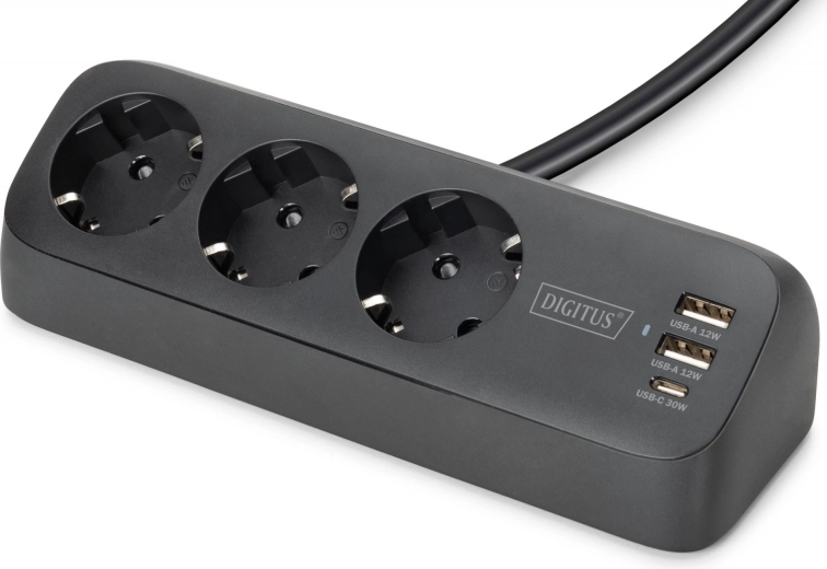 desktop surge-protected extension strip with 3 schuko sockets and usb-a/usb-c with desk clamp mount, black