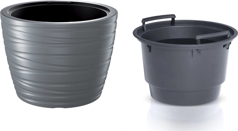 Niedriger Pflanzkübel MAZE mit Einsatz, grauer Stein, Durchmesser 47,5 cm